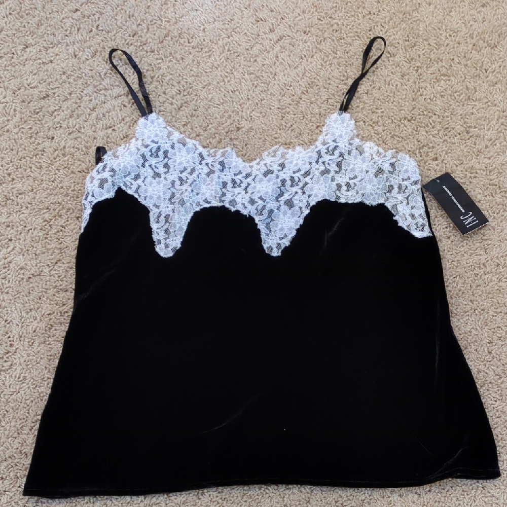 INC Black Velour Camisole with White Lace Detail 6